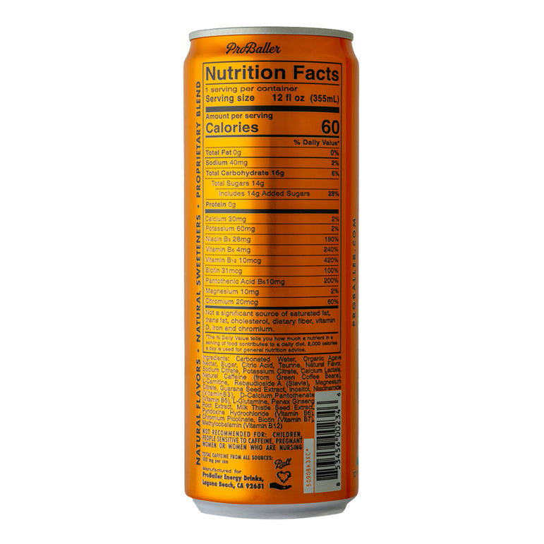 Nutrition facts label on ProBaller Arctic Orange can with a white background