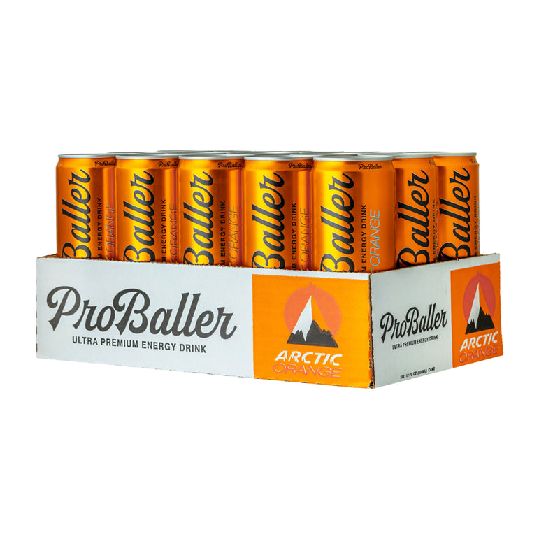 Case of ProBaller Arctic Orange energy drinks on a white background