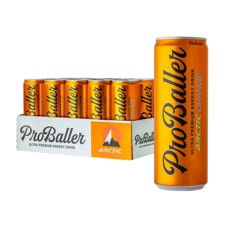 ProBaller Arctic Orange energy drink can and case