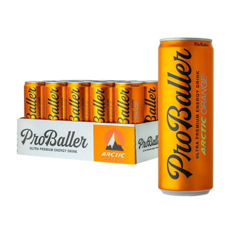 ProBaller Arctic Orange energy drink can and case