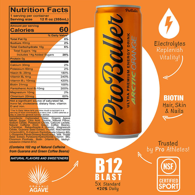 ProBaller Arctic Orange energy drink can with nutritional information on an orange background