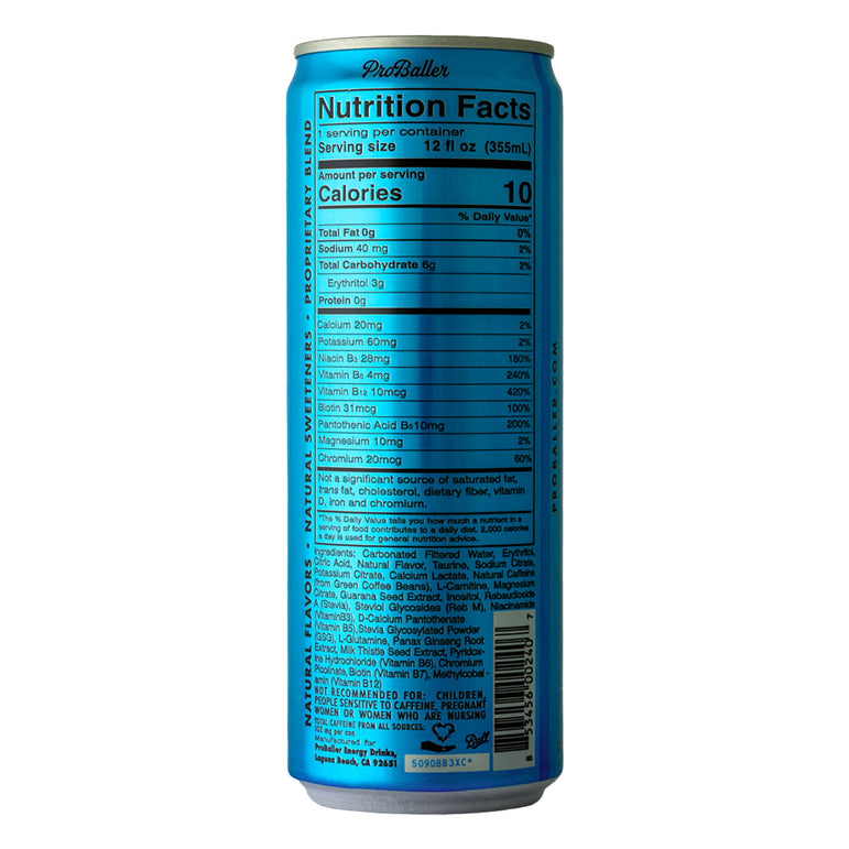 Nutrition facts label on a ProBaller Blue Raspberry engery drink can with white background