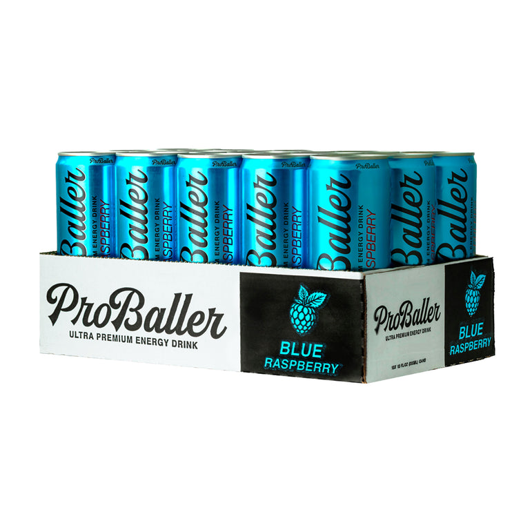 Case of ProBaller Blue Raspberry energy drinks on a white background