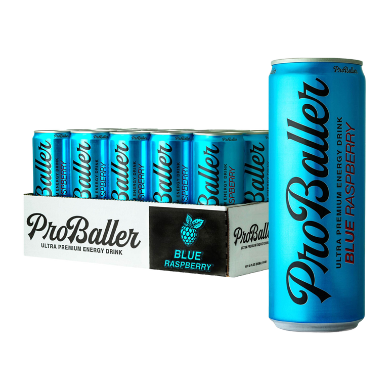 ProBaller Blue Raspberry energy drink with a can and case