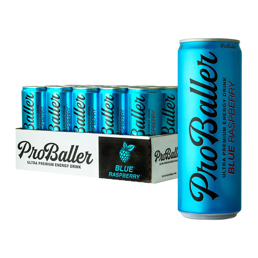 ProBaller Blue Raspberry energy drink with a can and case