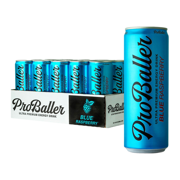 ProBaller Blue Raspberry energy drink with a can and case