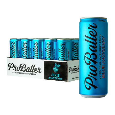 ProBaller Blue Raspberry energy drink with a can and case