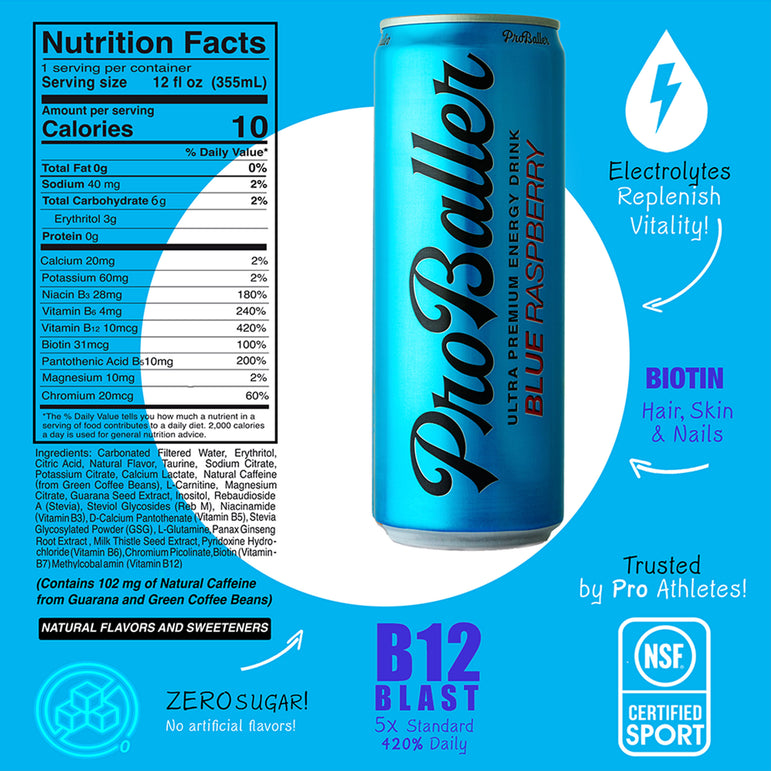 ProBaller Blue Raspberry energy drink can with nutrition facts label on a blue background