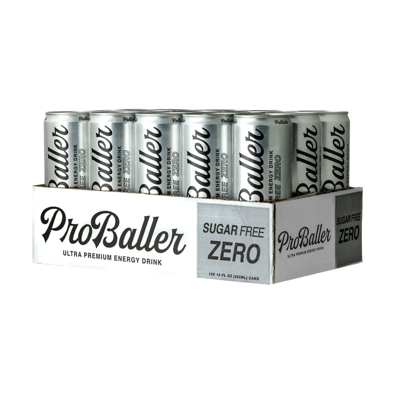 Case of ProBaller Citrus Sugar Free Energy Drink Zero cans on a white background