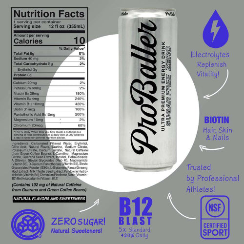 ProBaller Citrus Sugar Free energy drink can with nutrition facts label on a gray background