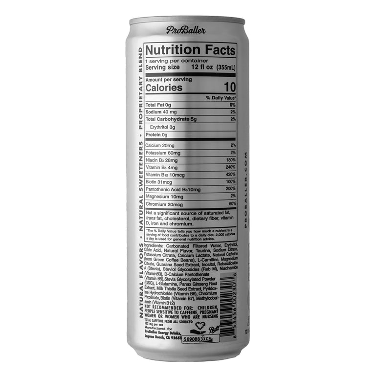 Nutrition facts label on a ProBaller Citrus Sugar Free energy drink on a white background