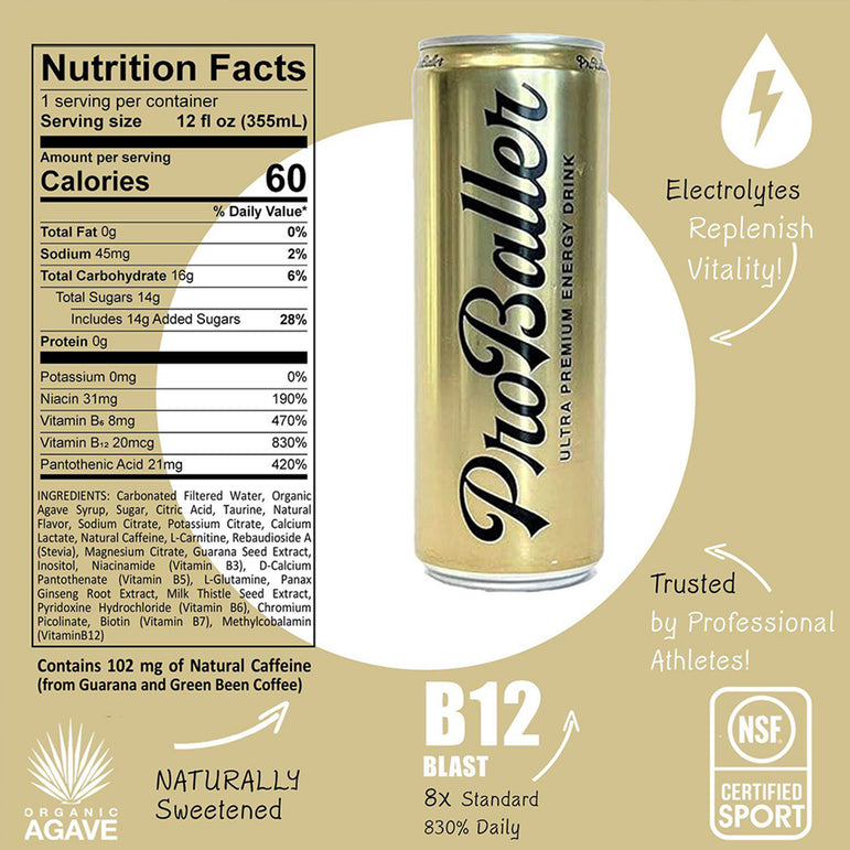 ProBaller Original energy drink can with nutrition facts label on a gold background