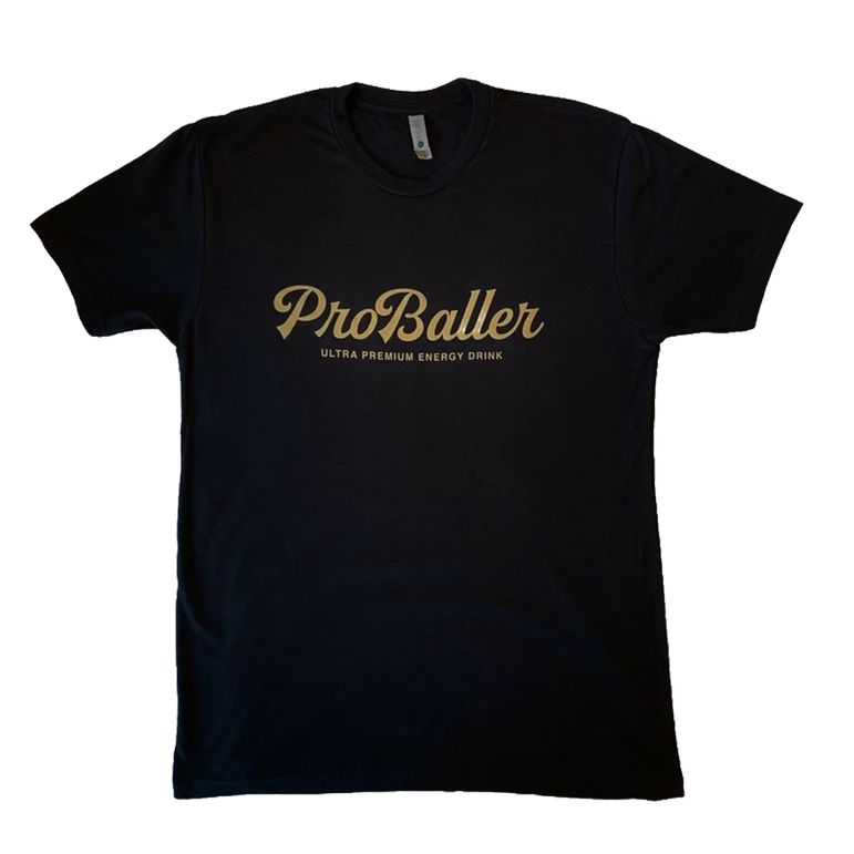 Black t-shirt with 'ProBaller' logo in gold lettering