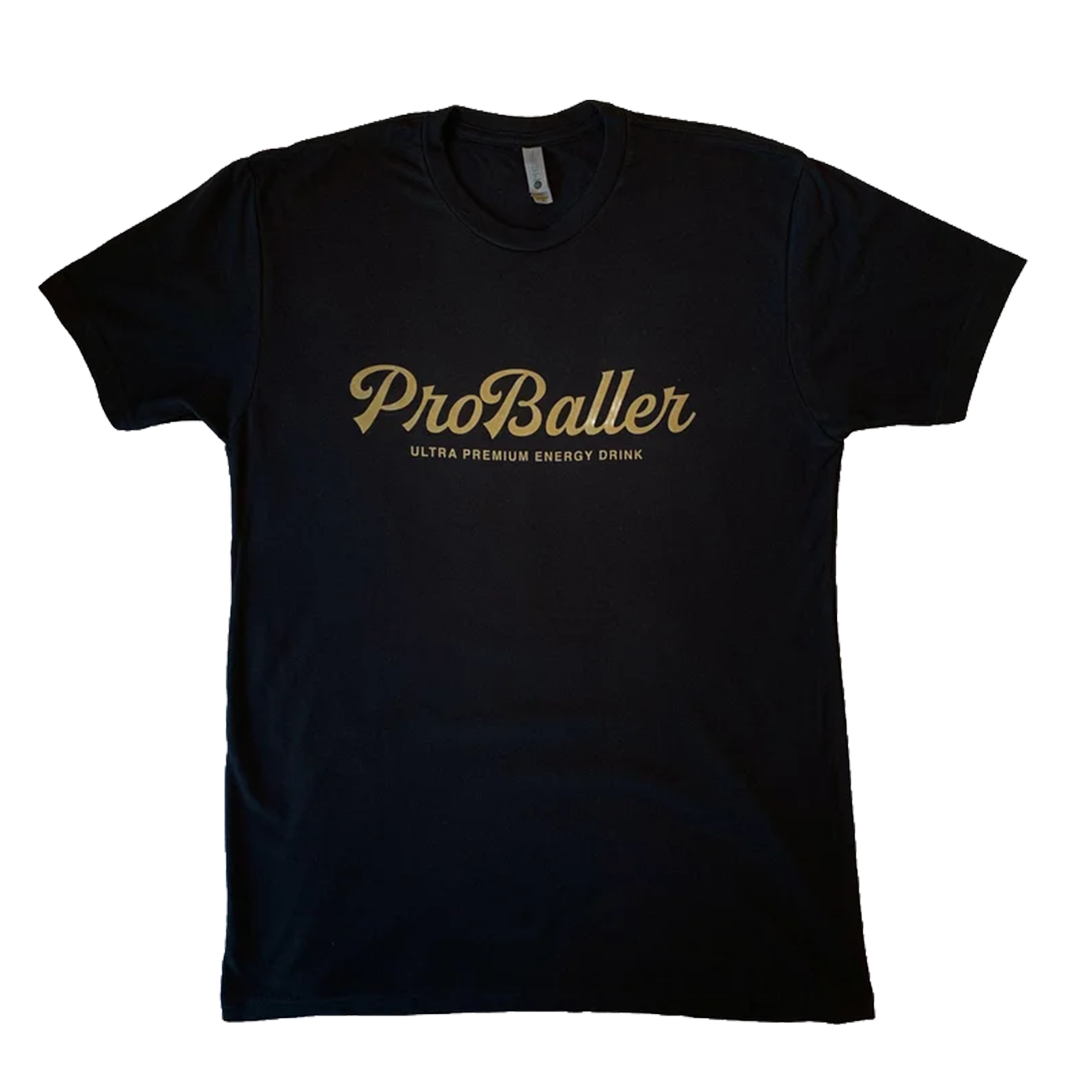Black t-shirt with 'ProBaller' logo in gold lettering
