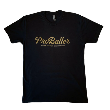 Black t-shirt with 'ProBaller' logo in gold lettering
