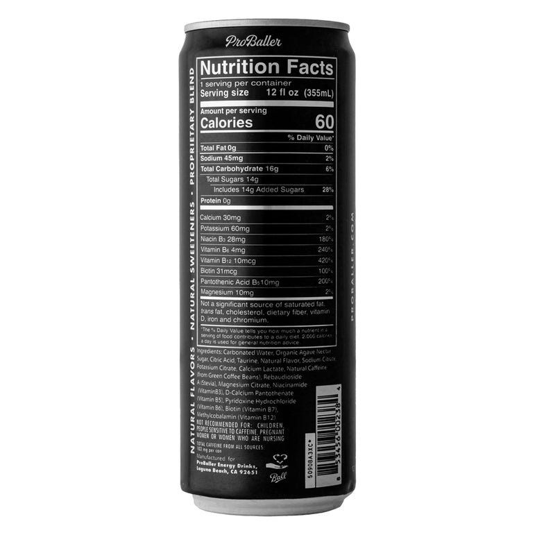 Nutrition facts label on a ProBaller Spurs Edition energy drink can on a white background