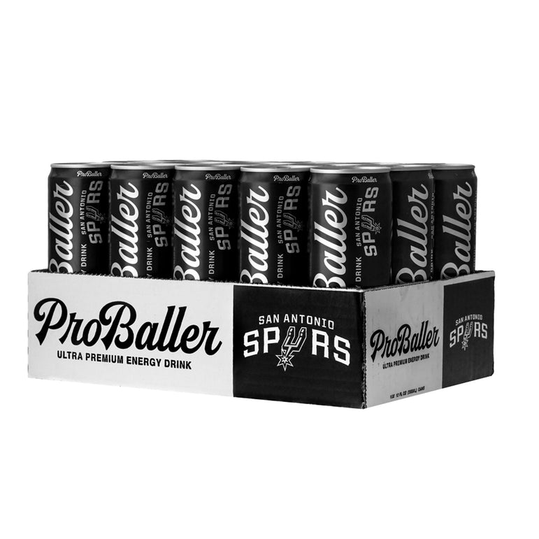 Case of Pro Baller Spurs Edition energy drinks on a white background
