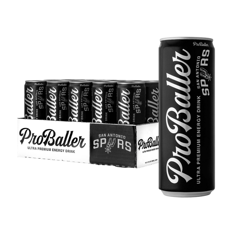 Pro Baller Spurs Edition energy drink cans with a case and single can