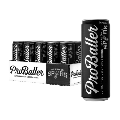 Pro Baller Spurs Edition energy drink cans with a case and single can