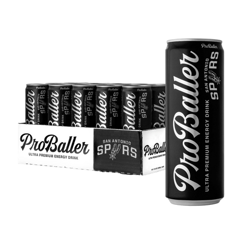 Pro Baller Spurs Edition energy drink cans with a case and single can