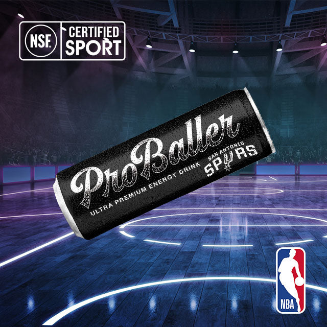 ProBaller Spurs Edition can on a purple and blue basketball court. Has a NSF Certified Sports Logo and NBA Logo in the image