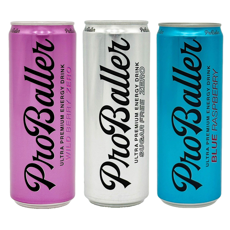 Three ProBaller energy drink cans in pink, white, and blue.