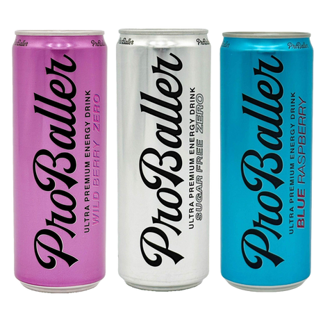 Three ProBaller energy drink cans in pink, white, and blue.
