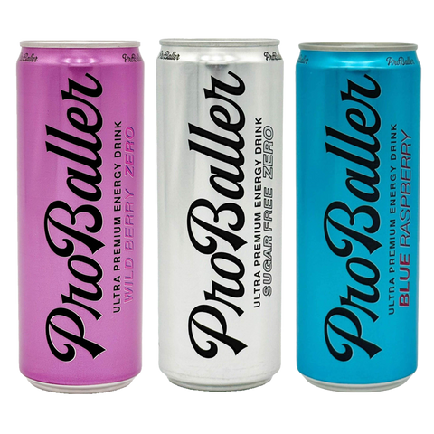Three ProBaller energy drink cans in pink, white, and blue.