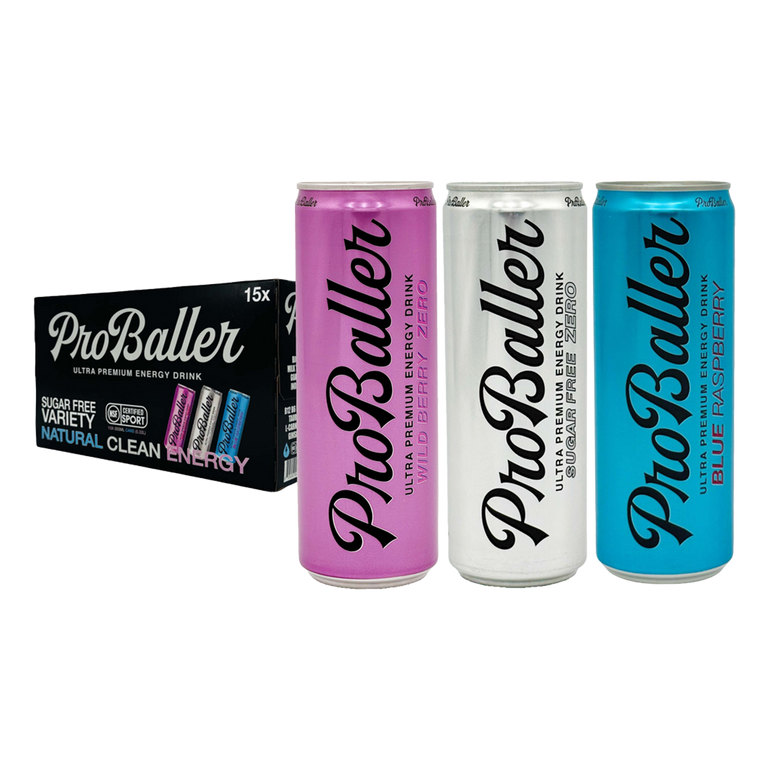 Three ProBaller energy drink cans in pink, white, and blue with a box in the background.