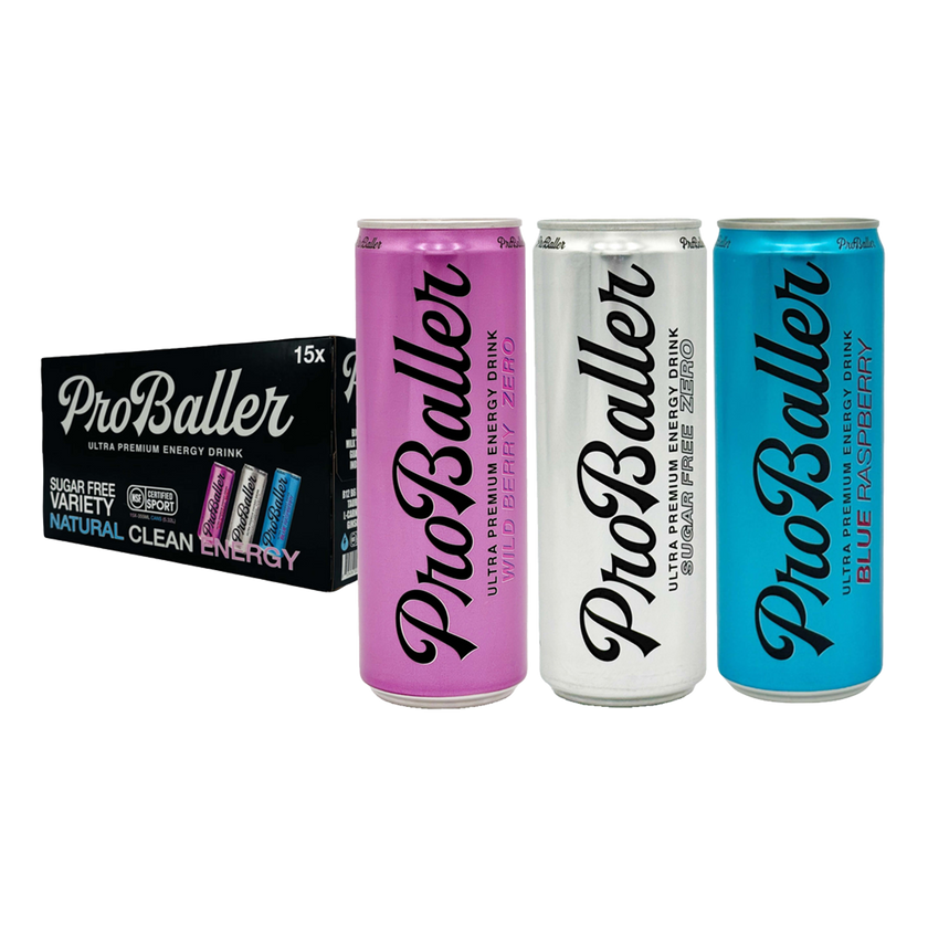 Three ProBaller energy drink cans in pink, white, and blue with a box in the background.