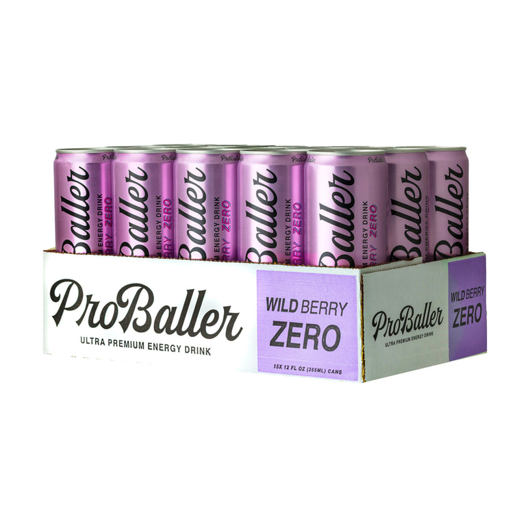Case of ProBaller Wild Berry Zero energy drinks with pink cans