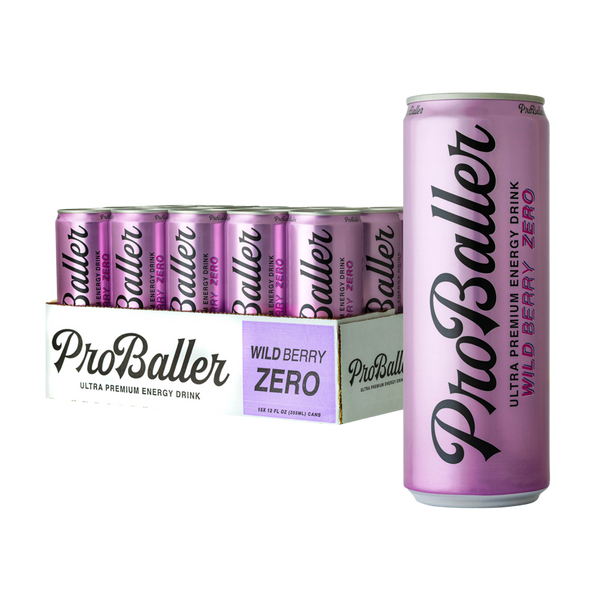 ProBaller Wild Berry Zero energy drink can and case
