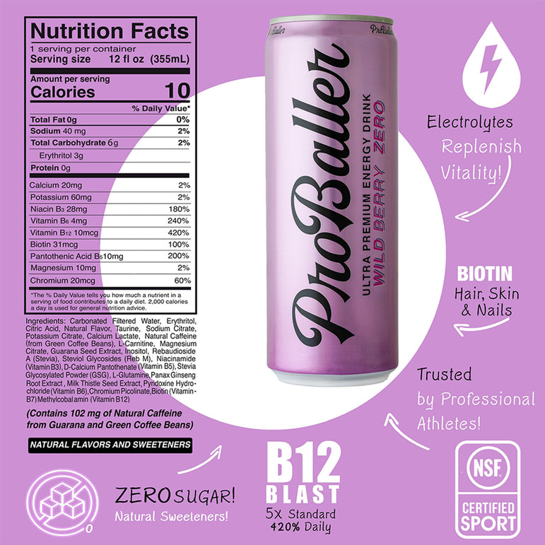 ProBaller energy drink can with nutrition facts label on a pink background